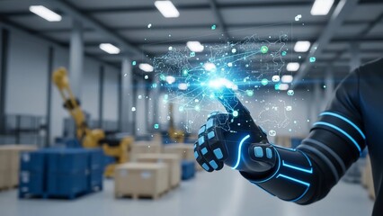 Digital Twin Supply Chain Interface - Worker Using Wearable Tech to Manage Global Shipments