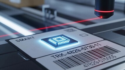 Advanced Inventory Tracking: Digital RFID Smart Tag being Scanned by Red Laser Beam
