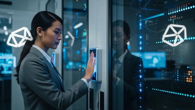 Cyber Security Identity Verification - Female Engineer Scanning Palm on Futuristic Data Center Door - Powered by Adobe