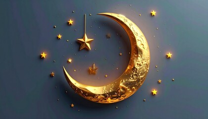 Golden Crescent Moon and Stars Against a Dark Blue Background Festive Decoration