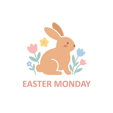 Easter Monday Cute Bunny Vector Illustration with Spring Flowers