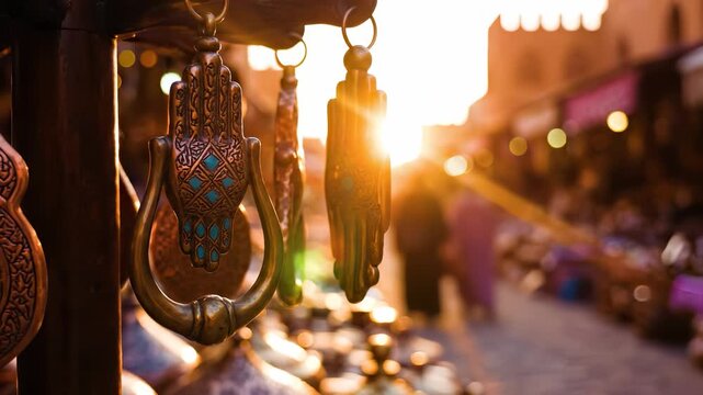 The intricate metal hands dangle beautifully in the sunlight, showcasing vibrant designs that capture attention. These metal hands and sunlight enhance the charm of the marketplace.