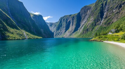 Vibrant Turquoise Lake Nestled Among Rugged Green Mountains Under a Clear Blue Sky on a Sunny Day