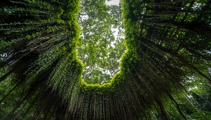 Low angle shot of hanging vines and forest canopy with lush green foliage, soft scattered natural light creating a calm jungle atmosphere, ideal for nature and eco concepts.