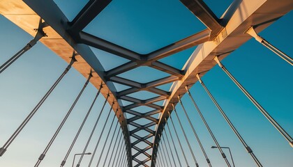 Upward view of a modern bridge structure with strong linear symmetry and metallic details against a clear sky, representing engineering design, infrastructure strength, and contemporary architecture.