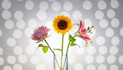 Vibrant trio of rose, sunflower and lily blooms arranged in clear glass vase with dreamy bokeh backdrop