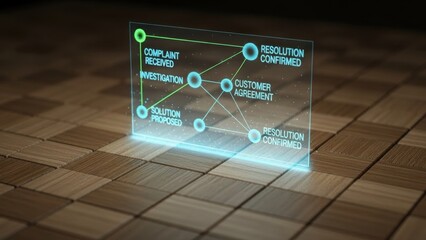 Complaint resolution diagram hologram over wooden block grid