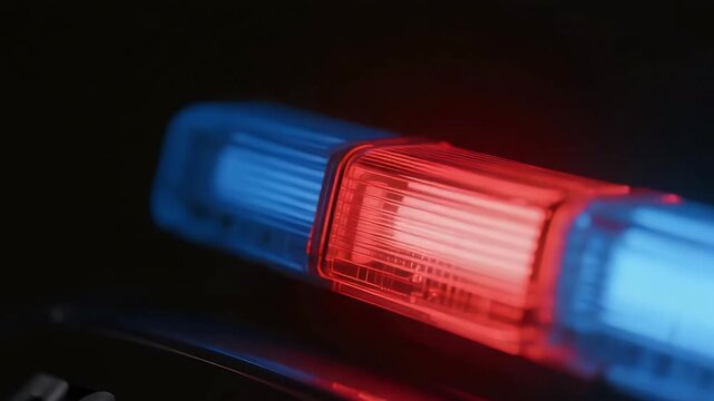 Close-up of a police lightbar with red and blue lights illuminated against a dark background, symbolizing law enforcement and emergency services.
