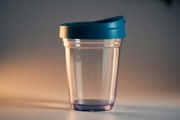 Clear Plastic Reusable Drink Cup with Blue Lid in Soft Lighting