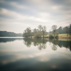 Obraz premium A captivating and serene reflection of trees in a misty lake setting