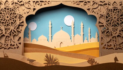 Paper Cutout Silhouette of a Mosque with Arched Frame and Desert Landscape Under a Starry Sky
