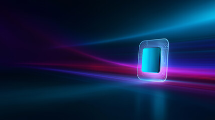Futuristic technology concept with glowing neon microchip on dark background