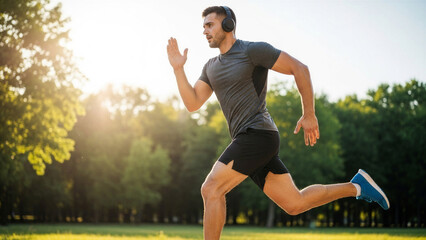 Young caucasian male jogger running outdoors in park with headphones and athletic wear