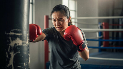 Focused asian female adult boxer training with red gloves in gym