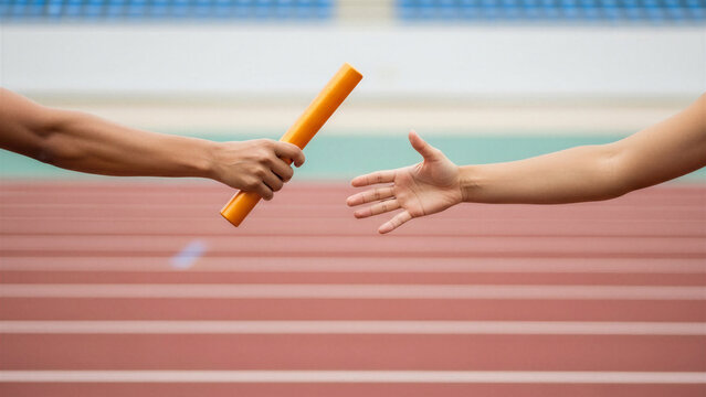 Relay race baton exchange on track between two athletes
