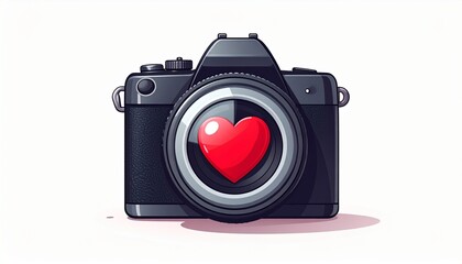 Pixelated Camera with a Red Heart on White Background