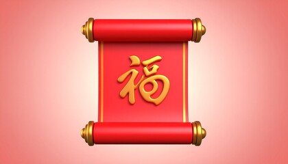 Red Scroll With Gold Chinese Calligraphy Against Pink Gradient Background