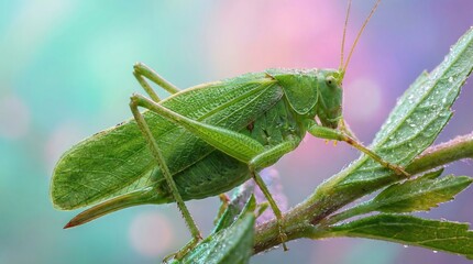Fototapeta premium Green katydid resting on leaf in natural habitat