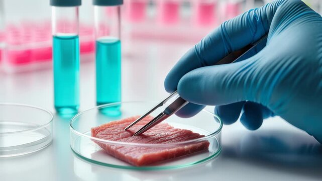 Gloved hand holds a cultured meat sample in a petri dish as tweezers manipulate tissue in a clinical laboratory environment. Blurred background and empty bench provide copyspace for text or graphic el