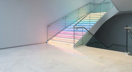 Illuminated stairway with glass railings in modern architecture detail