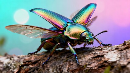 Dragonfly with iridescent wings on branch