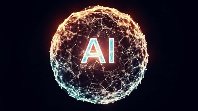 A glowing 3D sphere with a network of lines and nodes, featuring the letters 'AI' in neon blue, set against a black background. Perfect for technology, innovation, and robotics