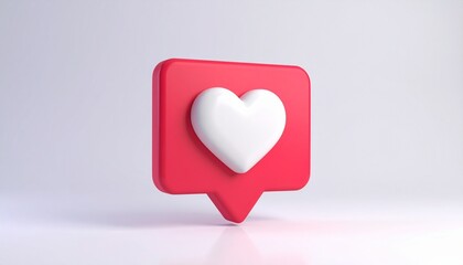 Three Dimensional Rendered Red Speech Bubble Icon With White Heart Against Gradient Background