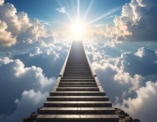 Stone staircase ascending towards bright sun in a cloudy sky