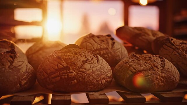 Freshly baked bread rests on a wooden rack, glowing in the warm light of the setting sun. The bread, with its crusty surface, evokes a sense of comfort and home in the bakery.