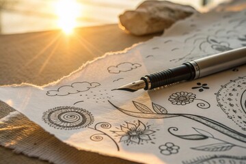 Fototapeta premium Fountain pen drawing doodles on torn paper with warm sunlight and lens flare illuminating the creative process.