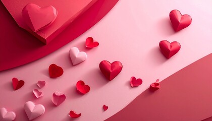 Valentine's Day Composition with Paper Hearts on Pink Background with Shadow and Top View