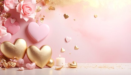 Valentine's Day Composition with Pink and Golden Hearts Roses and Candle on a Pink Background