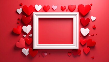 Valentine's Day Composition with Red and White Hearts Arranged Around a White Rectangular Frame on a Red Background
