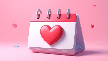 Valentine's Day Calendar with Red Heart on Pink Background Romantic Concept