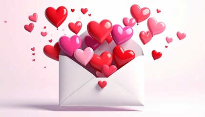Valentine's Day Hearts Bursting From White Envelope Against Pink Gradient Background
