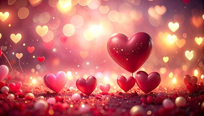 Valentine's Day Hearts Floating Over Red Glitter And Bokeh Background With Soft Lighting