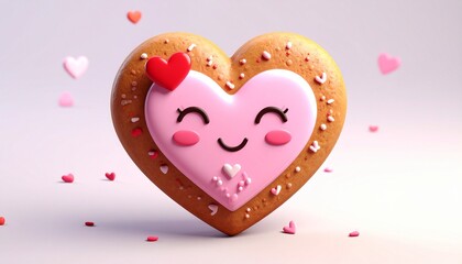 Valentine's Day Heart Shaped Cookie With Smiley Face and Small Red Heart Decorations on White Background