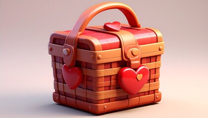 Valentine's Day Picnic Basket With Red Hearts And Orange Handle On a Beige Background
