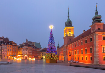 Night view of a Christmas tree and historic buildings in Castle Square in Warsaw, Poland