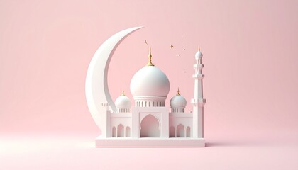 White Mosque with Crescent Moon on Soft Pink Background with Pixelated Design and Gold Accents