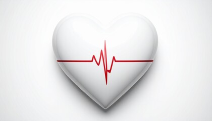 White Heart Symbol with Red EKG Line on White Background in Studio Lighting