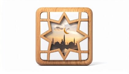 Wooden Frame Featuring Star and Moon Silhouette Against Sunset Sky with Cityscape