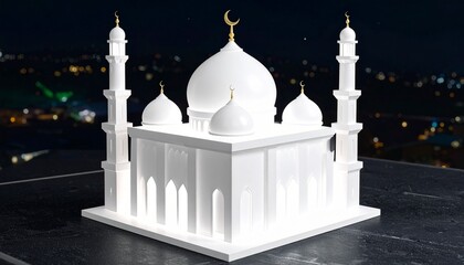 White Mosque Model with Golden Crescent and Minarets Against a Dark Night Sky and City Lights