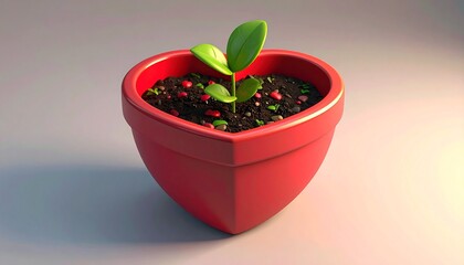 Young Green Plant Emerging from Soil in a Red Heart-Shaped Pot on a Neutral Background