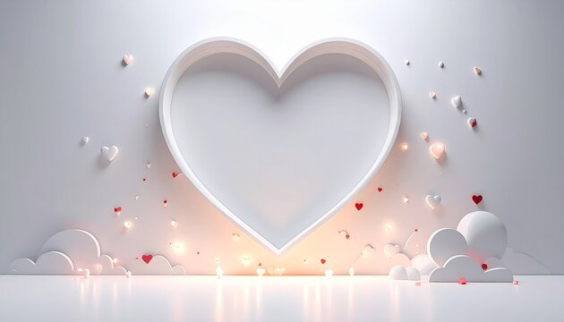 White Heart Shaped Frame Floating on White Background with Red Heart Accents and Clouds - Powered by Adobe