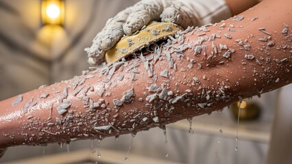 Person applying sea salt body scrub exfoliation treatment to wet skin during spa wellness routine