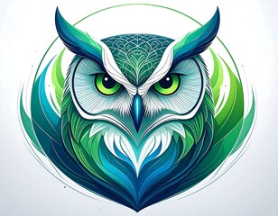 Stylized green and blue owl portrait set within a circular frame
