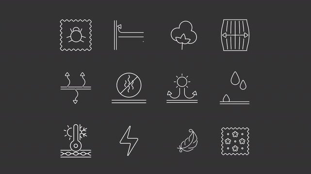 Animated fabric feature white line icons. Cloth comfort animation set. Temperature resistant. Waterproof materials. Antistatic textile. Isolated elements on dark background. Alpha channel HD video