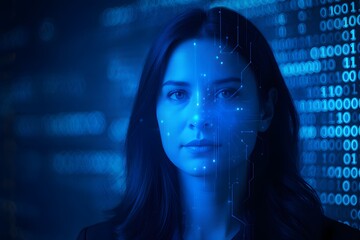 Woman merges with digital elements on a blue background