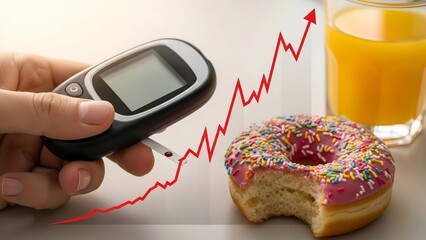 Diabetes blood sugar spike concept showing glucose meter, rising chart, sugary donut and orange juice illustrating hyperglycemia